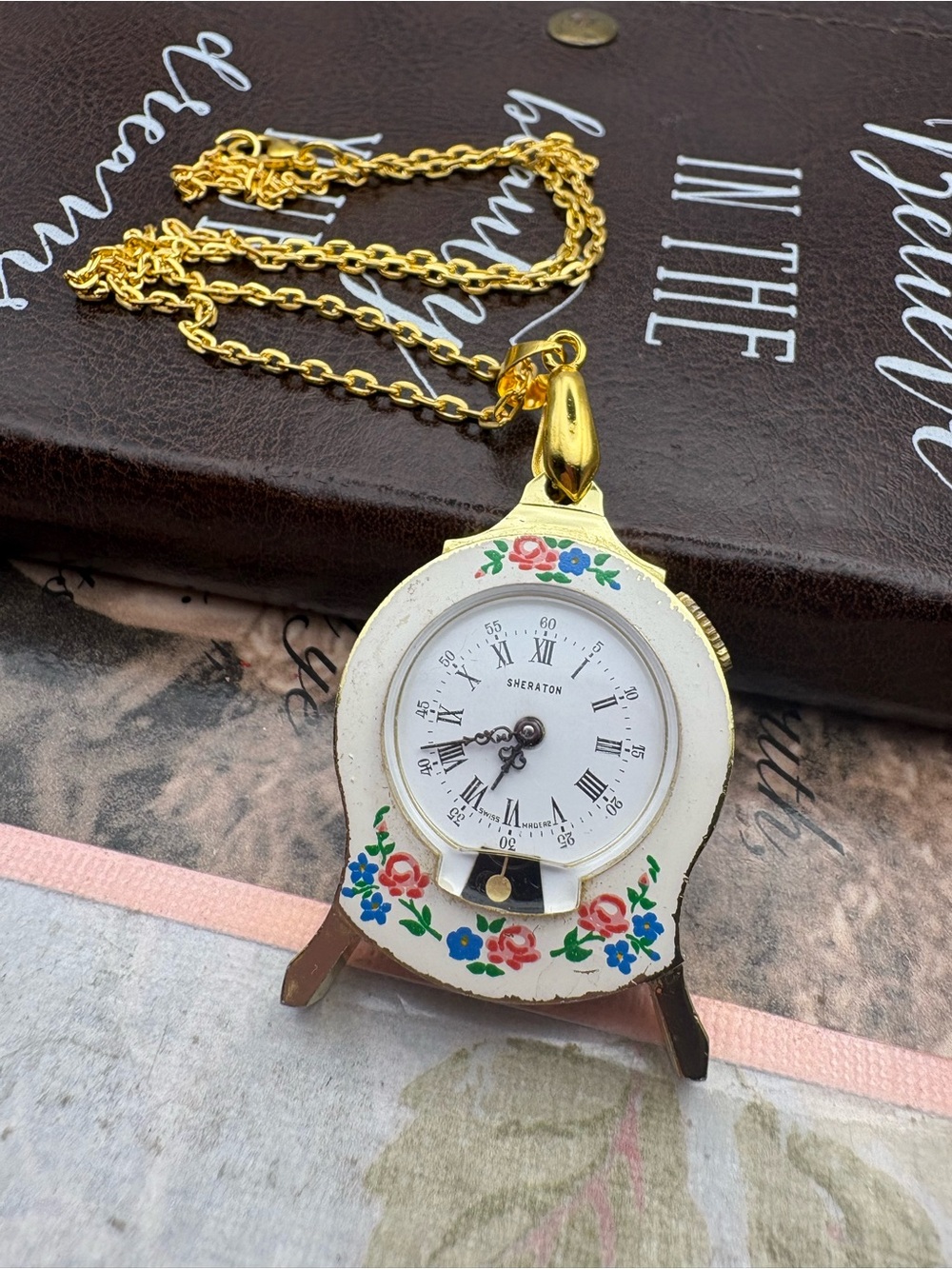 Vintage Sheraton Clock Pendant Necklace Floral Cottagecore Whimsigoth Gold Tone